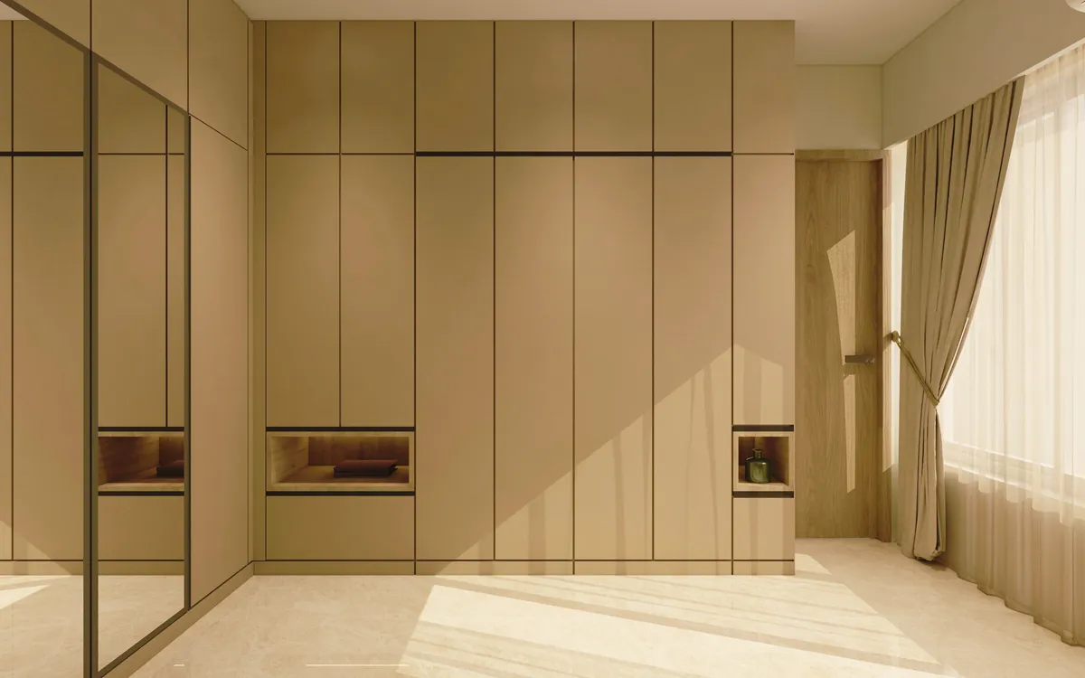 Floor-to-ceiling oak-finish wardrobe with long bar handles